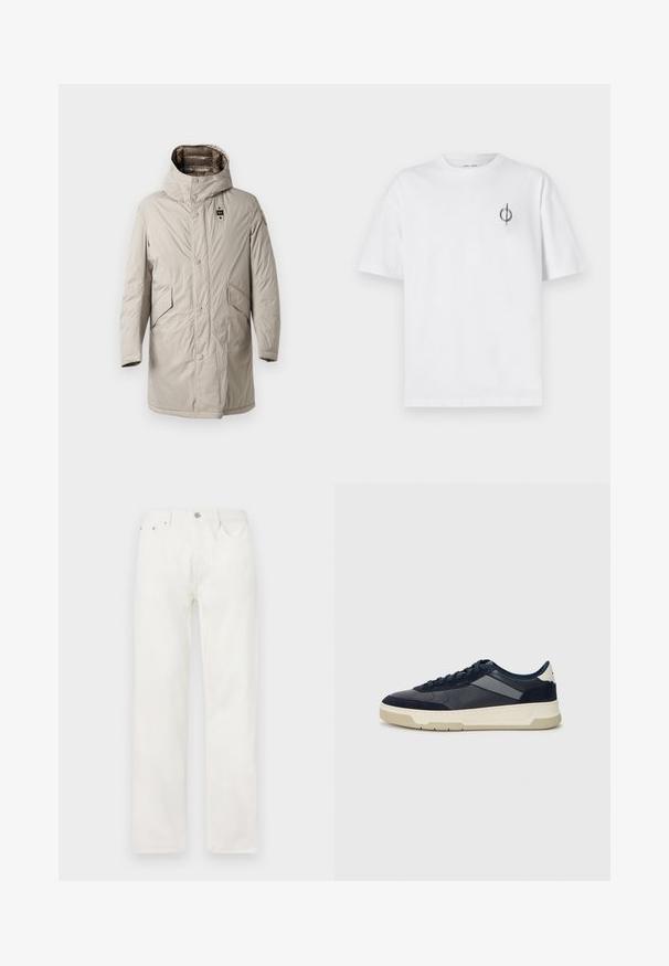 Parka lungă până la genunchi, de culoare bej deschis, cu glugă, nasturi tip snap și două buzunare laterale. Textură netedă, ușor crispată, cu un patch cu logo pe mânecă.; Tricou alb din bumbac cu o croială lejeră, având un mic logo grafic negru în zona stângă a pieptului. Mâneci scurte, stil guler rotund.; Jeans din denim alb cu croială dreaptă, închidere cu nasture și fermoar, design cu cinci buzunare și fără modele sau accente vizibile.; BOSS BALTIMORE - Sneakers low - open blue