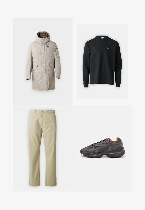 Svijetlosmeđi parka do koljena s kapuljačom, rajsferšlusom i dva bočna džepa. Glatka, blago naborana tekstura s logom na rukavu.; Crna majica dugih rukava od pamuka, s okruglim izrezom i malim zelenim izvezenim logotipom krokodila s lijeve strane prsnog dijela.; Bež pamučne hlače s ravnim nogavicama, prednjim zatvaranjem na dugme i petljama za remen. Glatka tekstura, bez vidljivih uzoraka ili naglaska.; Lacoste tenisice u tamno sivoj boji s mrežastim i sintetičkim materijalom, s teksturiranom potplatom i smešnim akcentima na ovratniku i brandiranju.