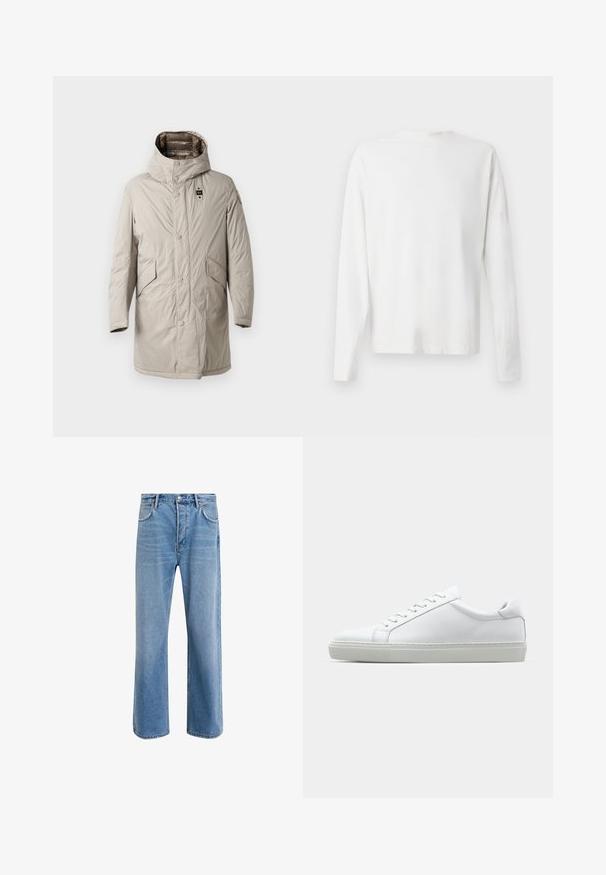 Parka de color beige claro hasta las rodillas, con capucha, botones a presión y dos bolsillos laterales. Textura suave, ligeramente arrugada, con un parche de logo en la manga.; Camisa de algodón blanca de manga larga con cuello redondo, aberturas laterales en la parte inferior y una textura suave, exhibida desde la parte de atrás.; Jeans de mezclilla azul claro con un diseño de pierna recta, cinco bolsillos, cierre de botón, ligeramente desgastados y detalles de costura en contraste.; Zapatilla blanca con parte superior de cuero liso y perfil bajo. Presenta una puntera redondeada, seis ojales y una suela de goma texturizada.