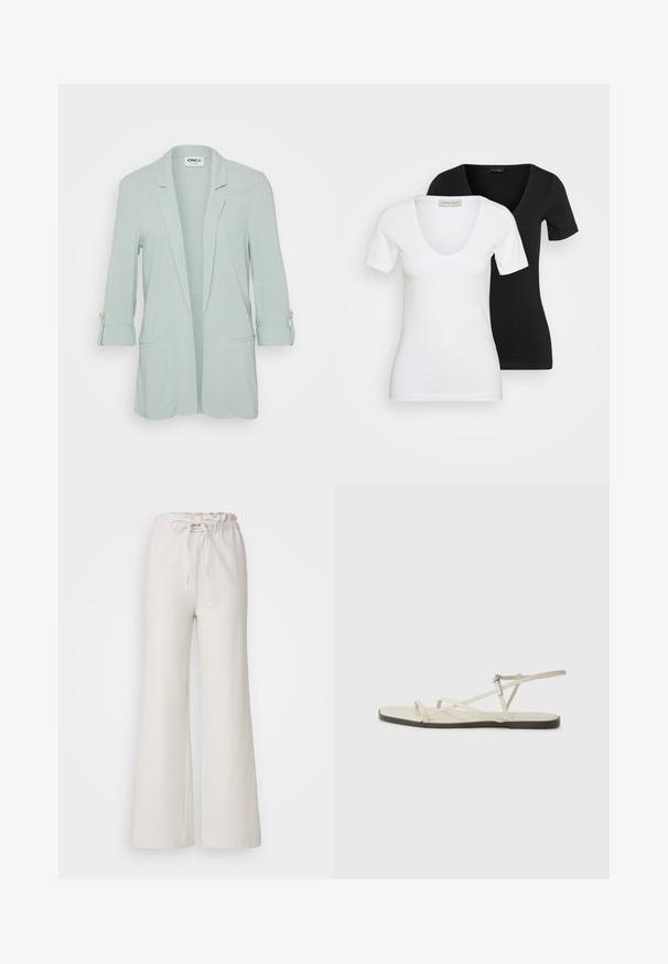 Blazer verde claro com fecho frontal de um botão, mangas longas arregaçadas com laços em botão e dois bolsos frontais. Tecido liso e entrelaçado.; Duas camisetas de mangas curtas e ajustadas em V, uma branca à frente e uma preta atrás, exibidas sobre um fundo claro e simples.; Calças largas de um bege claro com uma cintura elástica e um laço ajustável. Feitas de um tecido suave; apresentam um design simples e sem adornos.; Sandália plana bege com várias tiras finas e uma fivela ajustável. A sola é plana com um leve contraste escuro na borda.