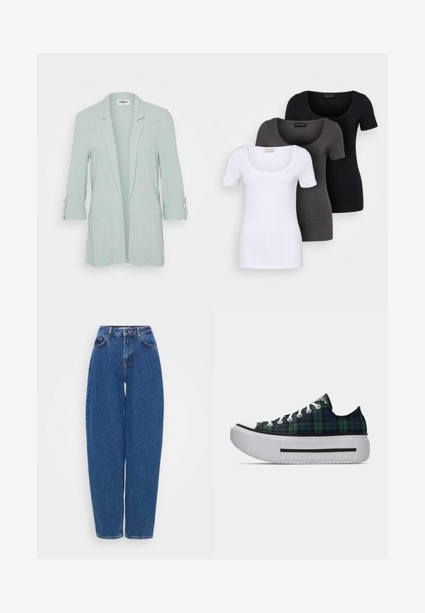 Lys grønn blazer med en knapp foran, lange ermer rullet opp med knappebånd, og to frontlommer. Glatt, vevd stoff.; Tre figurerte T-skjorter i hvit, grå og svart. Hver har en bred scoop-nakke og korte ermer. Laget av glatt, elastisk stoff.; Blå denim jeans med løs passform, høy midje og rett ben-design. Har tradisjonell søm og fem lommer.; Rutete lerrets-sneakers med et mørkegrønt og svart mønster, hvit gummisåle og tykk plattform med en svart stripe. Klassisk snøringdesign.
