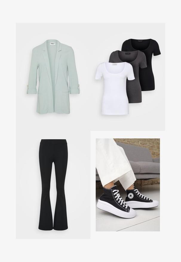 Hele rohelise bleiser, millel on ühe nupuga esikülg, pikkade varrukate üleskeeramine nööpidega ja kaks esikotti. Sile, kootud kangas.; Kolm mugavat T-särki valges, hallis ja mustas värvitoonis. Igal särgil on lai madal kaelus ja lühikesed varrukad. Valmistatud siledast, venivast kangast.; Mustad flared püksid venivast kangast, kõrge vöökoht ja sile tekstuur. Püksid laienevad põlve kohalt.; Mustad musträgiga kõrge vars sneakerid valgete kummist tallade ja paeltega. Küljel on ringikujuline logo ja kontrastne valge õmblus.