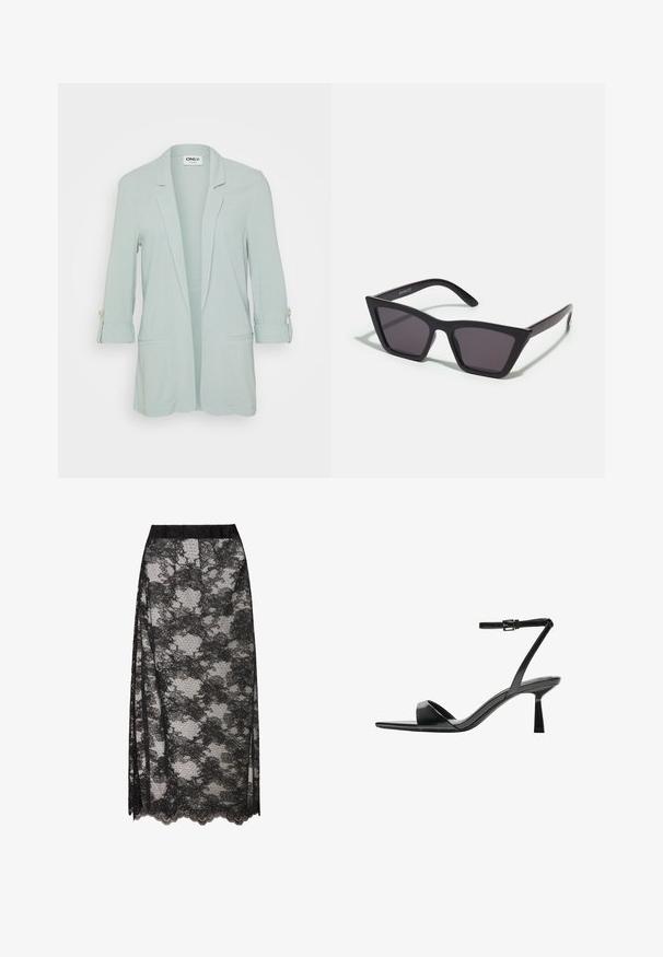 Svijetlozeleni sako s jednim dugmetom sprijeda, dugim rukavima podvrnutim s vezicama, i dva prednja džepa. Glatka, tkana tkanina.; Crna rebrasta majica s visokim ovratnikom, kratki rukavi, oblikovani kroj, mekana tekstura, minimalni šavovi.; Crna čipkasta suknja s valovitim rubom, s cvjetnim uzorkom i prozirnom teksturom. Elastična pojas za udobno nošenje.; Bershka Sandale s visokom petom - black; Crne, uglaste sunčane naočale sa sivoj lećama; izrađene od plastike, imaju debele nogice s glatkom površinom i bez vidljivih metalnih dijelova.; Crna kožna torba s zaobljenim, konturiranim oblikom, koja ima zatvaranje na zlatnu bravu i jednu podesivu trakicu. Glatka tekstura.