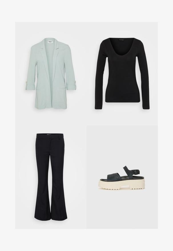 Hellgrüner Blazer mit einem Ein-Knopf-Verschluss, langen Ärmeln, die mit Knopfbindern hochgerollt sind, und zwei Fronttaschen. Glattes, gewebtes Material.; Schwarzes Langarm-Oberteil aus weichem Stoff, mit tiefem V-Ausschnitt und figurbetonter Silhouette, glatter Textur und minimalen Nähten.; Gina Tricot Tall RELAXED TROUSERS - Stoffhose - black; Schwarze Wildleder-Plateausandalen mit einer klobigen weißen Sohle, breitem Vorderriemen und verstellbarem Knöchelriemen. Strukturierte Laufsohle für besseren Halt.