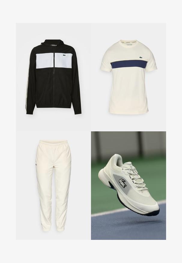 Juoda ir balta užtrauktuko striukė su kapišonu, turinti horizontalų baltą panelę, elastines rankoves ir Lacoste logotipą kairėje krūtinės pusėje.; Kremo ir tamsiai mėlynas Lacoste marškinėliai su apvaliu iškirpimu, trumpomis rankovėmis ir horizontaliu spalvų blokavimu. Puošia žalias krokodilo logotipas.; Kreminės spalvos sportinės kelnės su elastinga juosta, siaurėjančiomis kojomis ir mažu tamsiai žaliu logotipu kairėje pusėje. Glaudus, lengvas audinys.; Balti sportiniai batai su tinkliniais viršutiniais, juodais akcentais, tekstūruotu padu ir išryškintu logotipu šone, eksponuojami prieš teismo foną.