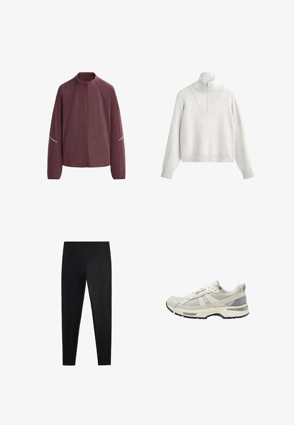 Bordový ľahký kabát s vysokým golierom, plným predným zipsom, dlhými rukávmi a reflexnými detailmi na pleciach. Textúrovaná tkanina.; Svetlošedý sweatshirt s vysokým golierom, ktorý má polozips a rebrovanú textúru. Štvorcový strih s klesajúcimi ramenami a štruktúrovaným dizajnom.; Čierne legíny vyrobené z hladkej, elastickej tkaniny. Majú široký pás a zoštíhlený strih nohavíc, vhodné na aktívne alebo príležitostné nosenie.; Béžová športová obuv s textúrovaným sieťovinovým zvrškom a hladkými akcentmi. Má odpruženú podrážku, spevnenú špičku a čiernu gumovú podrážku.