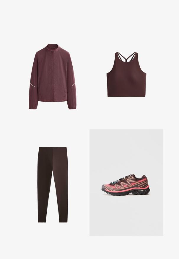 Maroon lightweight jacket with a high collar, full front zipper, long sleeves, and reflective accents on the shoulders. Textured fabric.; Brown sports crop top with a high neckline, slim straps forming an X pattern at the back, made of smooth, stretchy fabric.; Brown leggings made from a stretchy material, featuring a fitted design and a smooth texture, with a clean, simple silhouette.; Trail running shoe with a gradient brown and pink design, featuring a textured upper, black outsole, and unique lacing system.