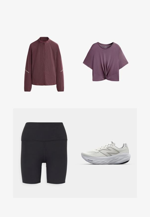 Jacket ușor de culoare caramiziu, cu guler înalt, fermoar pe toată lungimea, mâneci lungi și accente reflectorizante pe umeri. Material texturat.; Top scurt cu mânecă, de culoare lavandă profundă, confecționat dintr-un material jersey moale, cu un detaliu în față răsucit și guler rotund.; Șorturi atletice negre din material elastic, cu un funnel înalt, textură netedă și fără modele sau accesorii vizibile.; Pantofi sport albi cu un upper din plasă, având o guleră căptușită, o talpă texturată și marca "Fresh Foam" pe midsole.
