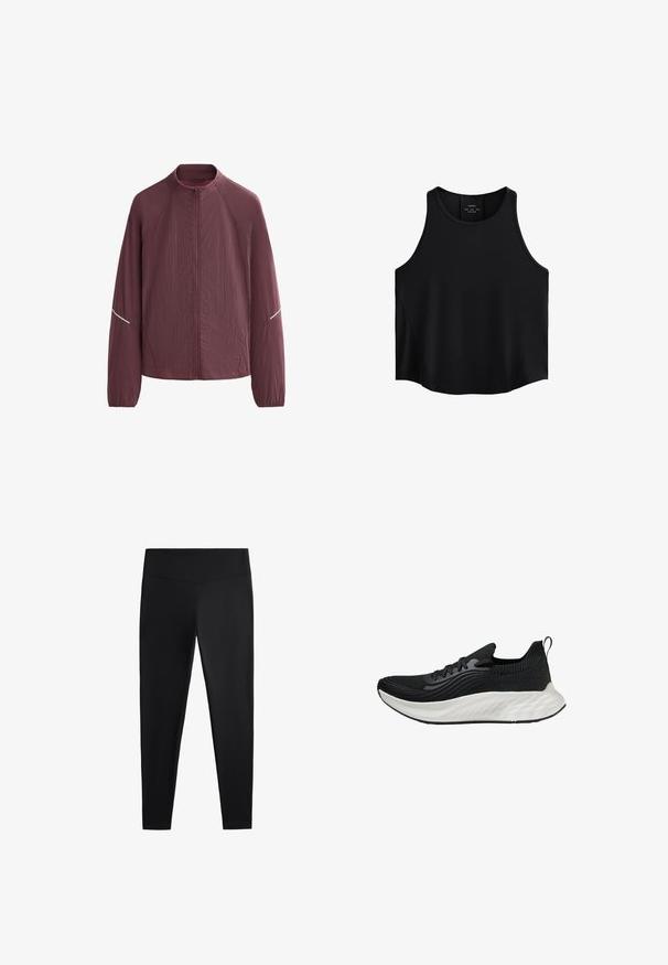 Bordeaux lättviktjacka med hög krage, fullständig dragkedja fram, långa ärmar och reflektorer på axlarna. Strukturerad tyg.; Svart ärmlös topp i ett glatt tyg, med en rundad halsringning, rak skärning och sidopaneler med en subtil struktur.; Svarta leggings av ett slätt, stretchigt tyg. Har en bred midja och design med avsmalnande ben, lämpliga för aktiv eller avslappnad användning.; Svart atletisk sko med en texturerad ovandel, en vit vadderad sula och subtil märkeslogotype. Har en dragflik och snörning.