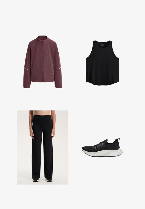 Bordeauxkleurige lichte jas met een hoge kraag, volledige rits aan de voorkant, lange mouwen en reflecterende accenten op de schouders. Textuurstof.; Zwarte mouwloze top van gladde stof, met een ronde halslijn, rechte snit en zijpanelen met een subtiele textuur.; Zwarte zware sportbroek met een hoge tailleband. Gemaakt van glad, rekbaar materiaal, met een comfortabele pasvorm en een subtiele textuur.; Zwarte sportieve schoen met een gestructureerde bovenkant, een witte gewatteerde zool en subtiele branding. Voorzien van een trekhaak en vetersluiting.