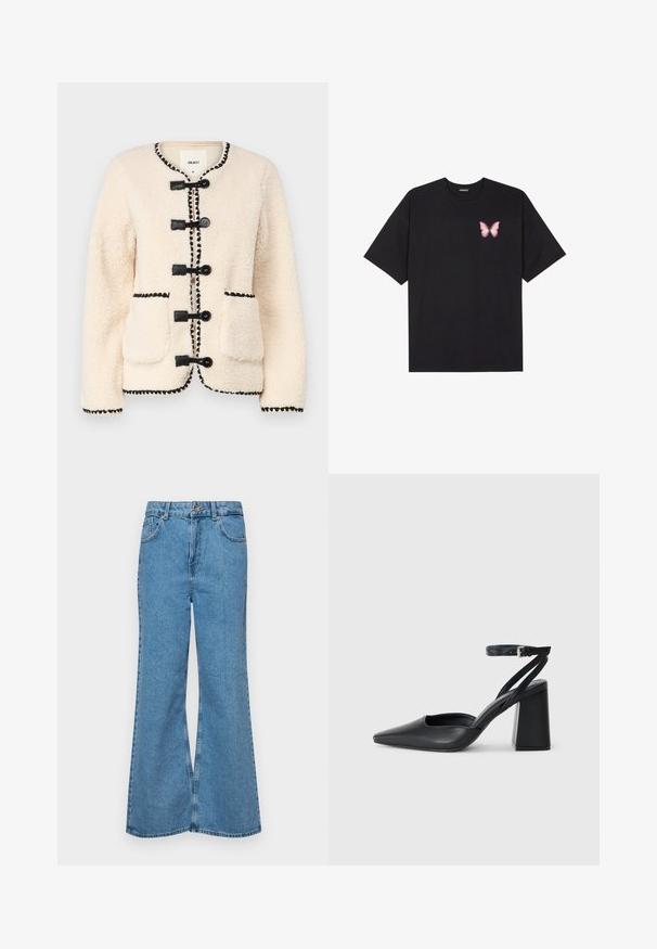 Object OBJPAULINE JACKET - Fleecejas - white sand; Zwarte katoenen t-shirt met korte mouwen, voorzien van een kleine roze vlinder graphic op de linkerkant van de borst. Crew neck ontwerp met een relaxte fit.; Lichtblauwe flared jeans van denim, met een hoge taille, vijf zakken en een enkele knoopsluiting. Zachte textuur met een vervaagde afwerking.; Zwarte leren puntige pump met een enkelbandje en een chunky hak. Vlakke textuur, strakke vormgeving en minimalistische esthetiek.