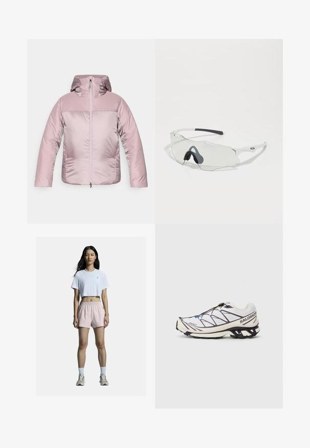Gevoerde gewatteerde jas met capuchon in lichtroze met een glanzende afwerking, voorzien van een rits aan de voorkant, elastische manchetten en een gladde textuur.; Lichtgrijze, langafgekorte top met lange mouwen van rekbare stof, met een ronde halslijn en een strakke uitstraling. Gecombineerd met zwarte high-waisted leggings.; Witte cropped t-shirt met logo, gecombineerd met lichtroze sportshorts met een elastische tailleband. Witte sokken en neutrale sneakers maken de outfit compleet.; Salomon hardloopschoen met een witte mesh bovenkant en paarse accenten, een gestructureerde zool en een snel vetersysteem.; Zonnebril met een heldere lens, wit frame en grijze rubberen neussteunen. Kenmerkt zich door een stijlvol ontwerp, hoekige vorm en minimale hardware accenten.; Zwarte schoudertas van textiel met een gestructureerd oppervlak, met een diagonaal ontwerp, verstelbare schouderband en trekkoordsluitingen aan de zijkanten.