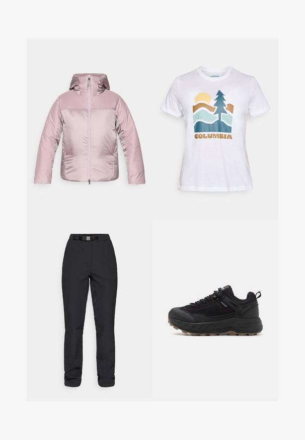 Padded hooded jacket in light pink with a glossy finish, featuring a zip front, elastic cuffs, and a smooth texture.; White short-sleeve T-shirt with a graphic of a sun, tree, mountains, and the word "Columbia" in brown lettering on the front.; Black pants made of a smooth, lightweight fabric. Features a waistband with a built-in belt, front pockets, and a straight-leg cut.; Black athletic shoes with a textured leather and fabric upper, patterned sole, reinforced toe, and adjustable lacing system.