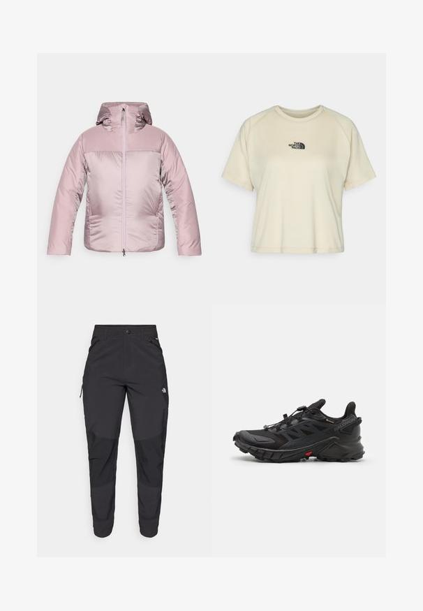 Podložena jakna s kapuco v svetlo roza barvi z sijočo površino, z zadrgo spredaj, elastičnimi manšeti in gladko teksturo.; Kremna kratka majica s kratkimi rokavi in okroglim izrezom ter raglan rokavi. Zgornji del prsnega koša krasi črn vezen logotip.; Črne zunanje hlače iz trpežnega materiala. Imajo žepke na zadrgo, ojačane kolenske dele in ravno krojeno zasnovo za prosto gibanje.; Črne športne čevlje z teksturirano zgornjico, opremljene z varnim sistemom vezalk, oblazinjeno podplatom in izrazitim rdečim poudarkom na strani.