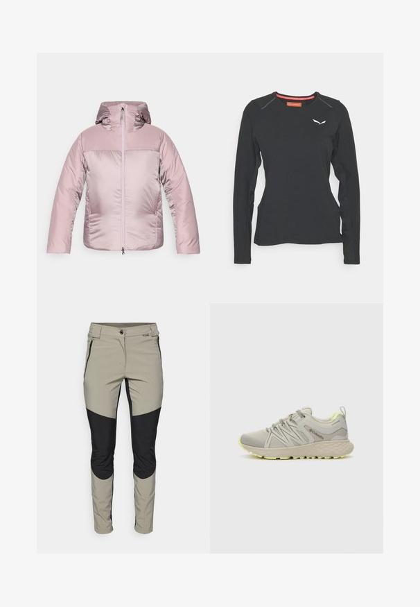 Gevoerde gewatteerde jas met capuchon in lichtroze met een glanzende afwerking, voorzien van een rits aan de voorkant, elastische manchetten en een gladde textuur.; Salewa PEDROC DRY TEE W. - Longsleeve - black out; Lichte, ademende broek in beige en zwart met een aansluitend ontwerp, zijritsen en contrasterende paneelaccenten op de knieën.; Columbia PEAKFREAK - Outdoorschoenen - dove/citron haze