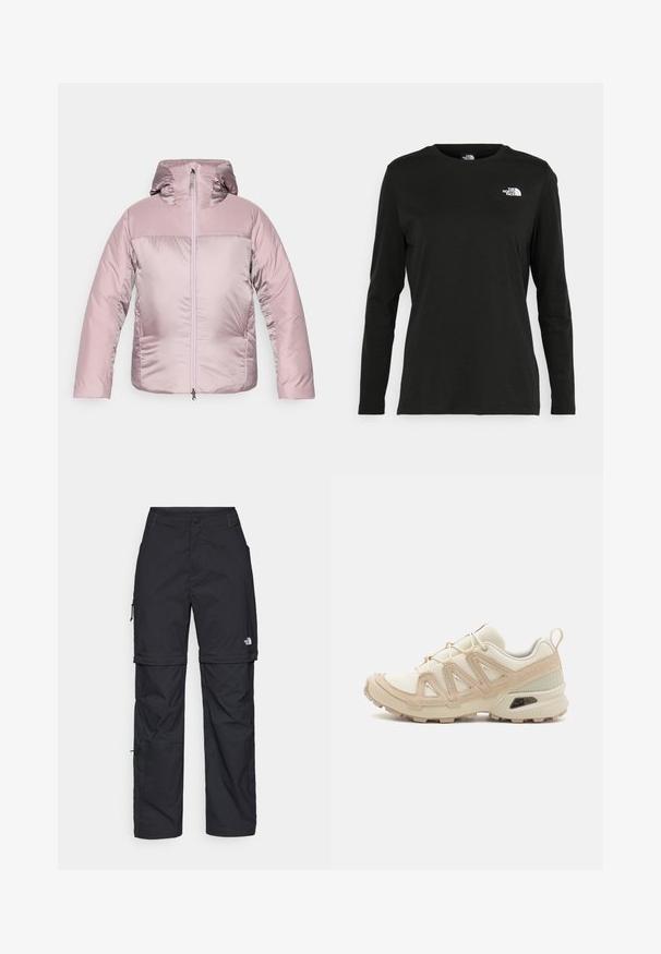 Padded hooded jacket in light pink with a glossy finish, featuring a zip front, elastic cuffs, and a smooth texture.; Black long-sleeve t-shirt made of cotton with a round neck. Features a small white logo on the left chest area. Simple design and fit.; Black nylon zip-off cargo trousers with adjustable cuffs, multiple pockets, and a logo on the right leg. Smooth, lightweight texture.; Beige and cream athletic shoe with textured mesh upper, supportive overlays, and rubber outsole featuring a tread pattern for traction.