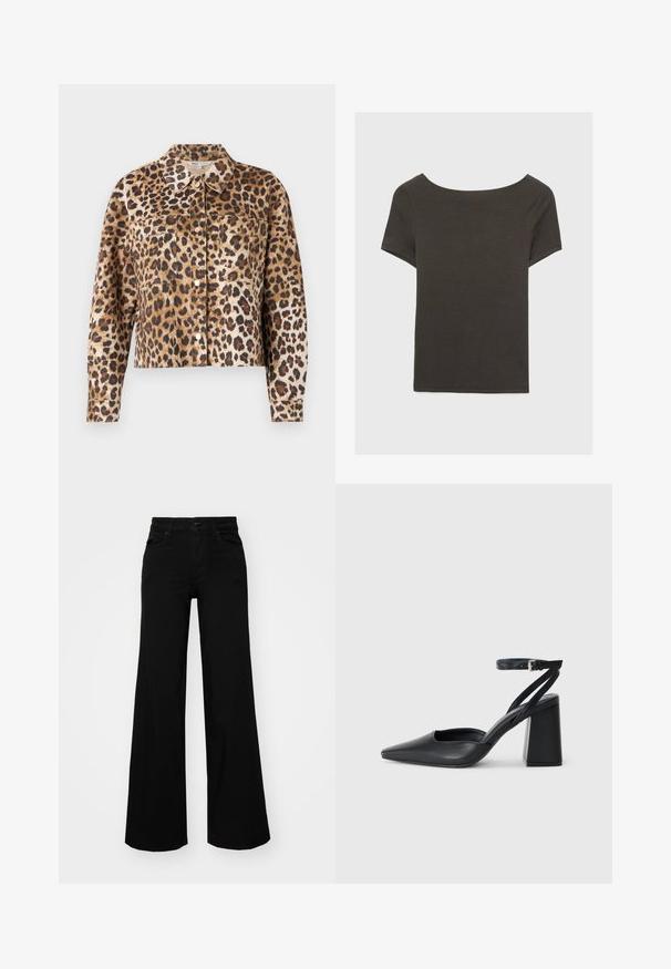 Lederjacke mit Leopardenmuster aus Kunstfell, mit einem Kragen, Knopfverschluss, zwei Brusttaschen und langen Ärmeln mit Manschetten.; Dunkelgraues Kurzarmoberteil mit Bootsausschnitt. Hergestellt aus geripptem Stoff, mit lockerer Passform und sauberem Saum. Einfaches Design, ohne Muster.; Schwarze weit geschnittene Hose aus Denim, mit einem strukturierten Bund, Gürtelschlaufen und Fronttaschen. Glatte Textur mit klassischem Design.; Schwarze Leder-Pumps mit spitzer Zehe, einem Knöchelriemen und einem blockigen Absatz. Flache Textur, elegantes Design und minimalistische Ästhetik.