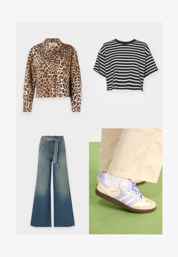 Giacca in pelliccia sintetica con stampa leopardata, caratterizzata da un colletto, chiusura con bottoni, due taschini sul petto e maniche lunghe con polsini.; T-shirt cropped a righe in blu navy e bianco. Maniche corte, scollo rotondo, tessuto morbido con righe orizzontali e vestibilità rilassata.; Pantaloni in denim a gamba larga con una sfumatura che va dal blu chiaro al blu scuro, vita alta, passanti per cintura e una cintura in tessuto coordinato. Finitura in denim strutturato.; Sneakers crema e lavanda con tre strisce e suola marrone texturizzata, dotati di lacci e tallone imbottito. Parte superiore in tessuto morbido.