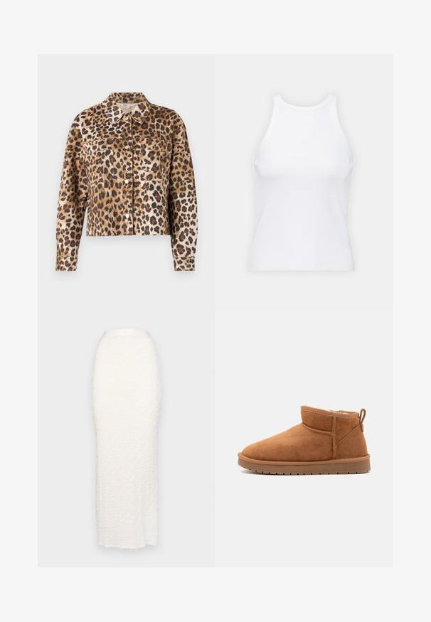 Lauku pelēkā krāsa ar leoparda rakstu izgatavota mākslīgā kažokā, ar apmales apkakli, pogu priekšpusi, divām krūšu kabatām un garām piedurknēm ar aprocēm.; Balta bezpiedurkņu topiņš no ribotā auduma, ar noapaļotu kakla izgriezumu un pieguļošu siluetu, ar minimālām šuvēm un bez rotājumiem.; Gina Tricot STRUCTURE MAXI SKIRT - Maksi svārki - white; Call it Spring JAMIELEE - Ziemas zābaki - camel