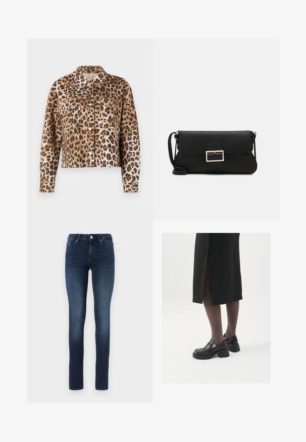 Veste en fausse fourrure avec motif léopard, présentant un col, un fermeture à boutons, deux poches poitrine et des manches longues avec poignets.; Débardeur blanc sans manches en tissu côtelé, doté d'un col rond et d'une silhouette ajustée, avec des coutures minimales et sans ornements.; Jean skinny bleu foncé en denim, avec un design classique à cinq poches, fermeture à bouton et un léger délavage au niveau des cuisses.; Chaussures noires en cuir avec un bout arrondi, un épais talon bloc et des accents latéraux élastiques, associées à des bas foncés et une jupe noire avec une fente.; Pochette en cuir noir avec un rabat et un détail en boucle en métal doré. Inclut une sangle noire et un design épuré et minimaliste.