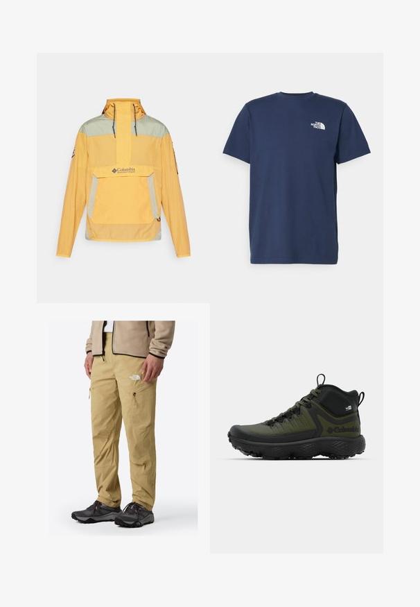 Geel en groene half-zip jas met een voorzak, trekkoord capuchon en logo op de borst. Licht, gestructureerd materiaal met gedeeltelijke reflecterende details.; Marineblauwe katoenen t-shirt met korte mouwen en ronde hals. Heeft een klein wit logo op de linkerkant van de borst. Gladde textuur.; Beige buitenbroek met ritszakken aan de zijkant, textuurstof en een logo aan de voorkant, gecombineerd met donkere wandelschoenen.; Columbia ESCAPE THRIVE TITANIUM MID - Outdoorschoenen - nori/black