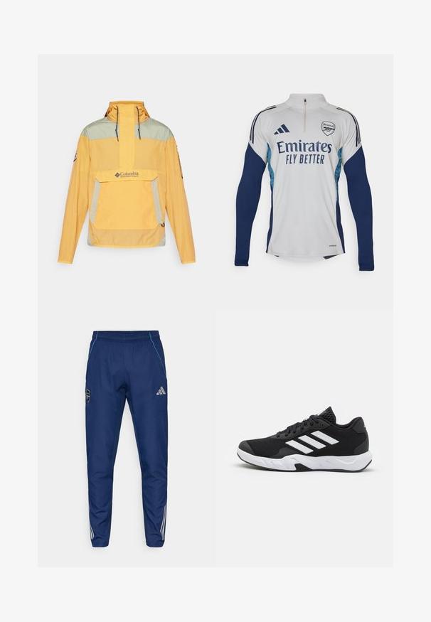 Gul og grøn halv-zip jakke med en frontlomme, snoretræk ved hætten og logo på brystet. Let, tekstureret stof med delvise reflekterende detaljer.; Hvid langærmet trøje med marineblå detaljer, halv-zip halsudskæring, med "Emirates Fly Better" logo og Arsenal klublogo.; Navy joggerbukser lavet af letvægtsstof, med en blå accent, logo-patch og tre hvide striber langs de nederste ben.; Sorte atletiksko med en tekstureret mesh-overdel, hvide accentstriber, en polstret sål og en forstærket hæl for støtte.
