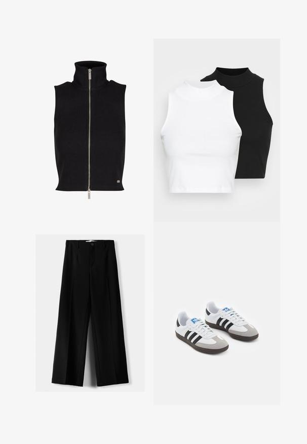 Černý žebrovaný bezramenný top s vysokým límcem a stříbrným zipem. Má hladký povrch a malý detail loga na lemu.; Dvě bezrukávové halenky s ribovým stojáčkem v černé a bílé barvě, které mají přiléhavý střih a hladkou texturu, s krácenou délkou.; Černé široké kalhoty z lehkého materiálu s předním zapínáním na knoflík a hladkým předním dílem, s pečlivě přišitými lemy.; Sportovní boty s bílým koženým svrškem, šedou semišovou špičkou a třemi černými pruhy. Obsahují modré logo na jazyku a texturovanou gumovou podrážku.
