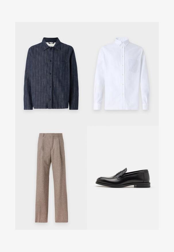 Tmavě modrá košile na knoflíky s vertikálními pruhy, límcem, kapsou na hrudi a dlouhými rukávy. Vyrobena z lehkého materiálu.; Bílá dlouhá košile s knoflíky vyrobená z bavlny, která má náprsní kapsu s tónovanou výšivkou, límec a knoflíkové manžety.; Hnědé kalhoty s vysokým pasem vyrobené z texturované látky. Mají široké nohavice a dva přední sklady pro strukturu. Úhledné provedení bez viditelné kovových částí.; Černé kožené polobotky s hladkou texturou, zaoblenou špičkou a zdobným páskem přes nárt. Nízký stohovaný podpatek, minimalistický design.