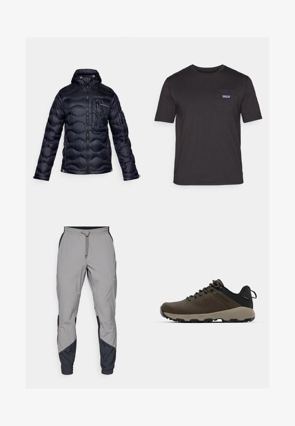 Peak Performance HELIUM UTILITY HOOD JACKET - Μπουφάν με πούπουλα - black; Μαύρο κοντομάνικο μπλουζάκι από βαμβάκι, με τσέπη στο στήθος και μπλε λογότυπο Patagonia στην αριστερή πλευρά.; Ελαφρύ γκρι αθλητικό παντελόνι με μαύρες λεπτομέρειες. Ελαστική μέση, κλείσιμο με κορδόνι, σχέδιο με στενό πόδι και πλαϊνές τσέπες.; Καφέ αδιάβροχα αθλητικά παπούτσια με υφασμάτινη επάνω επιφάνεια, διατρήσεις, μαύρη στήριξη στη φτέρνα και γκρι ελαστική σόλα. Οι κορδόνες είναι διακοσμημένες με μεταλλικές άκρες.