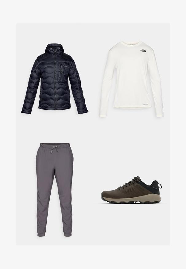 Peak Performance HELIUM UTILITY HOOD JACKET - Páperová bunda - black; Biela košeľa s dlhým rukávom a okrúhlym výstrihom, textúrovaná látka, čierne logo na ľavom pleci a nenápadné značkovanie na spodnej časti.; Sivé, ľahké nohavice s elastickým pásom a nastaviteľnou šnúrkou; zúžené nohavice; hladká textúra; obsahuje logo detail na boku.; Hnedé vodoodolné tenisky s textúrovaným zvrškom, perforovanými detailmi, čiernou oporou päty a šedou gumovou podrážkou. Šnúrky sú ozdobené kovovými koncami.