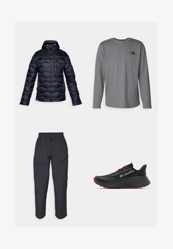 Peak Performance HELIUM UTILITY HOOD JACKET - Dunjakker - black; The North Face M L/S SIMPLE DOME TEE - Langærmet T-shirt - medium grey heather; Sorte cargo bukser lavet af et let, vandafvisende materiale; har elastisk talje, flere lynlåslommer og tætsiddende ben.; Sort atletisk sko med struktureret overdel, røde snørebånd og logo. Tykk sål med mønstret bund for godt greb. Minimalistisk design, set fra siden.