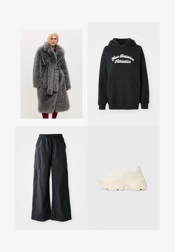 Grå imiteret pelskåbe med sjalskrave, bælte i taljen og blød, lang pelsstruktur. Har sidelommer og en afslappet pasform.; Sort hættebluse med frontlomme og hvid "New Balance Athletics" tekst på brystet i buet skrifttype.; Sorte cargo-bukser lavet af letvægtigt stof, med vidde i benene, elastisk talje og flere sidelommer. Enkle og funktionelle.; Chunky hvide sneakers lavet af tekstureret mesh og syntetiske materialer, med en tyk sål og intrikate mønsterdetaljer langs siderne.