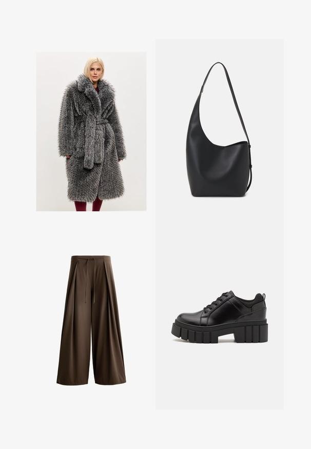Sivi kaput od umjetnog krzna s ovratnikom u stilu šala, remenom u struku i mekanom, dugom teksturom hrpe. Ima bočne džepove i opušten kroj.; Sivi pleteni kratki džemper s okruglim izrezom, spuštenim ramenima i rebrastom teksturom. Bez vidljivih ukrasa ili uzoraka.; Smeđe hlače širokih nogavica od teksturiranog materijala, s elastičnim pojasom na vezanje i prednjim nabranicama.; Crne kožne platforme s debelim blok-peta, okruglim prstima i klasičnim dizajnom vezanja. Imaju gladak tekstur i minimalne detalje.; Crna kožna hobo torba s glatkom teksturom, zakrivljenim oblikom i jednom podesivom trakicom; ima širok otvor na vrhu.