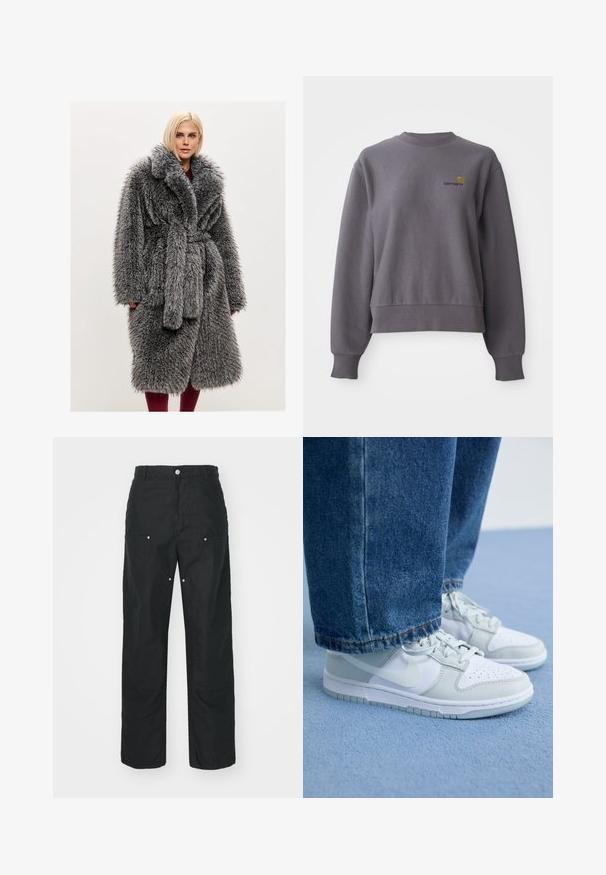 Szürke műszőrme kabát sállal, öves derékkal és puha, hosszú szálú anyaggal. Oldalzsebekkel és laza szabással rendelkezik.; Szürke pulóver pamut keverék anyagból készült. Kerek nyakkivágással, bordázott mandzsettákkal és egy kis hímzett logóval rendelkezik a mellrészen.; Fekete nadrág, egyenes lábbal, textúrált anyagból készült. Dekoratív ezüst hardware-rel és egyedi varrási részletekkel rendelkezik.; Fehér és világosszürke bőrből készült Nike sportcipő lyukacsos orral, lapos fűzőkkel és gumitalppal, kék farmernadrággal párosítva.