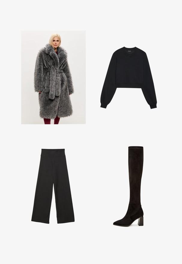 Grå imiteret pelskåbe med sjalskrave, bælte i taljen og blød, lang pelsstruktur. Har sidelommer og en afslappet pasform.; Sort cropped sweatshirt lavet af blødt materiale. Har lange, let puffede ærmer og ribbede manchetter. Rund halsudskæring uden print.; Sorte brede bukser med høj elastisk talje, blødt stof og løs pasform, velegnede til afslappet tøj eller uformelle anledninger.; Sorte ruskind over-knæ støvler med spids tå, der har en firkantet blokhæl og en glat tekstur. Designet inkluderer minimale syninger.