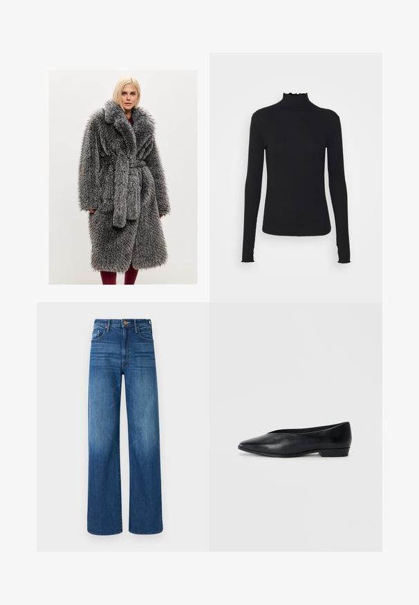 Szürke műszőrme kabát sállal, öves derékkal és puha, hosszú szálú anyaggal. Oldalzsebekkel és laza szabással rendelkezik.; Fekete, hosszú ujjú, garbós felső sima anyagból, fodros gallérral és illeszkedő sziluettel, egyszerű élekkel.; Mother THE LASSO SNEAK - Laza szabású farmerek - dark blue denim; Fekete bőr lapos cipő, hegyes orral, enyhén megemelt sarka és sima felülettel. Egyszerű dizájn, látható hardver vagy minták nélkül.