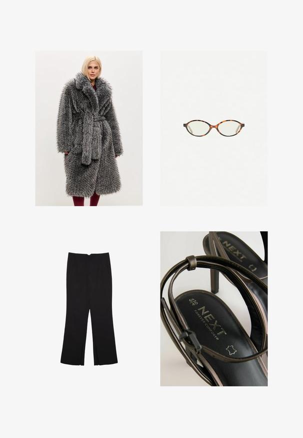 Šedý kabát z umělé kožešiny s šálovým límcem, páskem v pase a měkkou, dlouhou texturou vlasu. Disponuje bočními kapsami a pohodlným střihem.; Černý dlouhý rukáv cropped top s kulatým výstřihem, jednoduchý design a mírně zaoblený lem.; Černé kalhoty s rovným střihem, s předními kapsami a bočními rozparky na lemu. Vyrobené z jemné, hladké tkaniny. Vhodné na různé příležitosti.; Černé sandály na podpatku s módním designem popruhu. Na stélce je nápis "NEXT FOREVER COMFORT" spolu s velikostí 6½ a 40.; Želvovinové brýle s oválnými čočkami a hladkým, jemným povrchem. Má tenké bočnice s jemným zakřivením v chrámcích. Čiré čočky.
