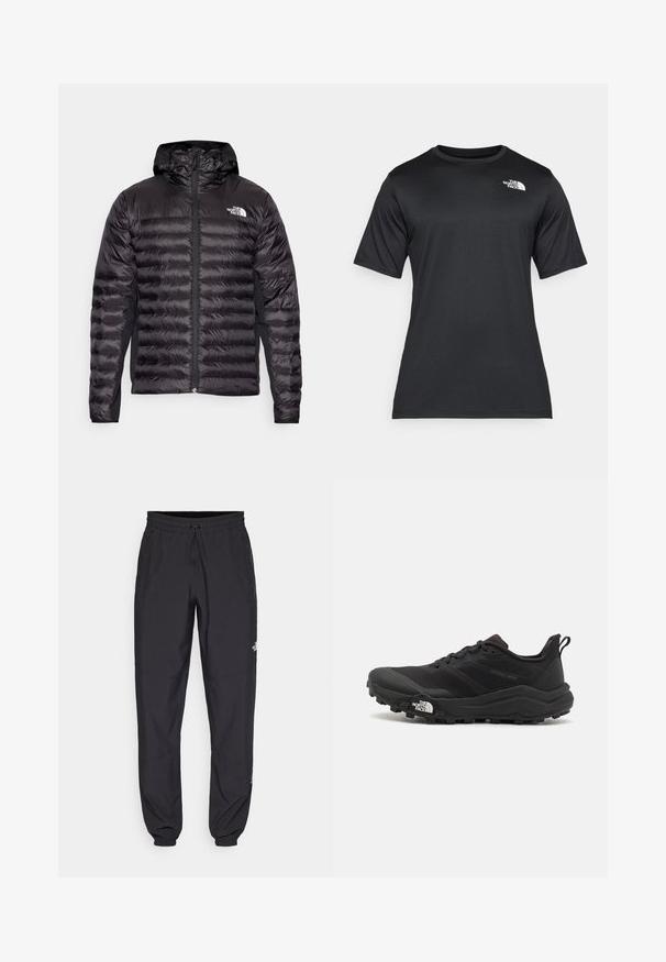 Črna puhovka s kapuco, ki ima prešito zasnovo, sprednji zadrgo in logo na levem prsnem delu, izdelana iz lahko in sijoče tkanine.; Črna majica s kratkimi rokavi iz lahkega, vlago odvajajočega materiala. Ima belo logo na levem prsnem delu in krožni izrez.; Črne atletske hlače iz lahkega materiala, ki imajo elastični pas z vezalko, stranske žepe in zožene manšete na gležnjih.; Črne tekaške čevlje za trail s teksturirano zgornjega dela, gumijastim podplatom in ojačanim zaključkom prstov. Vključuje oblazinjen ovratnik in zanko za enostavno obuvanje.
