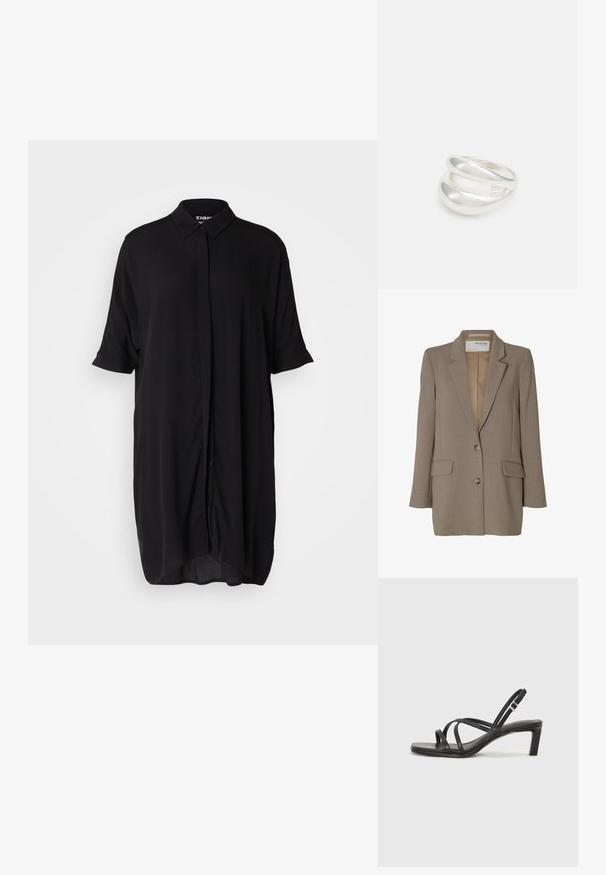 Pruun bleiser, millel on soonikuga krae, ühe nööbiga disain, kaks esist taskut ja hõbedased nööbid. Sile tekstuur ja sobivalt lõigatud. ; Mustmust musta särgis kleit, millel on lühikesed varrukad ja kerge kangas. Omab kraed, nööpide eesosa ja avarat, pikemat siluetti.; Mustast rihmajalatsid ruudukujulise varba ja madala ploki kontsaga. Omab mitmeid õhukesi rihmasid ja reguleeritavat pahkluu rihma. Valmistatud siledast nahast.; Mustast nahast õlakott, mis omab siledat tekstuuri, ristküliku kuju ning esiküljel metallketi detaili. Reguleeritav rihm on kaasas.; Hõbedane kahekordne rõngas sujuva, poleeritud pinnaga. Omab voolavat, kõverat disaini, millel on kattuvad sektsioonid, et saavutada kaasaegne ilme.