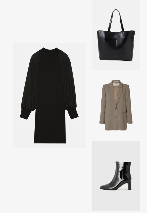 Blazer marron avec un col cranté, design simple boutonnage, deux poches avant et boutons argentés. Texture lisse avec une coupe ajustée.; Robe noire en tissu côtelé avec des manches bouffantes et un col haut. La silhouette est droite et s'arrête au genou.; Bottines en cuir verni noir avec un bout pointu et un talon block de hauteur moyenne. Texture lisse et design minimaliste.; Sac fourre-tout en cuir noir avec deux longues poignées, une texture lisse et une forme structurée. Dispose d'une poche avant pour un rangement supplémentaire.