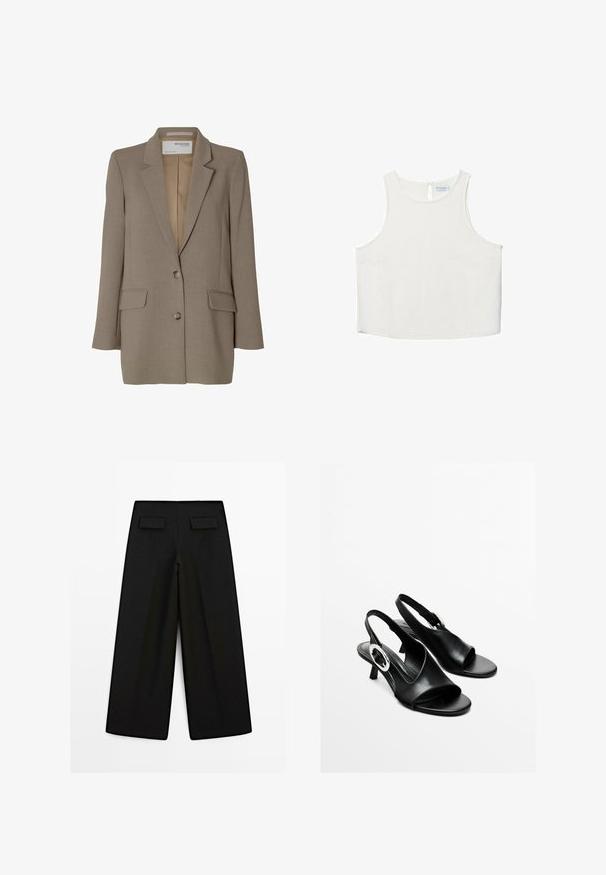 Brun blazer med notch lapel, enkeltradet design, to forlommer og sølvknapper. Glat tekstur med en skræddersyet pasform.; Hvid ærmeløs top med rund halsudskæring, der har en subtil tekstur, nøglehulsbagdetalje og lige kant.; Sorte bredbenede bukser lavet af et glat stof. Har to baglommer med klapper. Lige kanter og ingen synlige mønstre eller hardware.; Sorte læder slingback sandaler med åben tå, lav hæl og sølv cirkulært hardware-indsats på siden. Glat tekstur og enkelt design.
