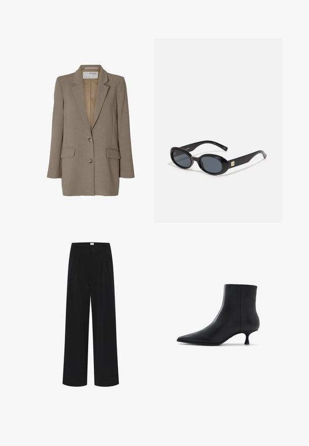 Brown blazer with a notched lapel, single-breasted design, two front pockets, and silver buttons. Smooth texture with a tailored fit.; Intimissimi U-BOOT-AUSSCHNITT - Long sleeved top - black; Black wide-leg trousers featuring a high waist, pleats, and a smooth texture. Minimalistic design with no visible patterns or hardware.; ALDO EMMALIE - Classic ankle boots - black; Black oval sunglasses with dark lenses, glossy plastic frame, wide arms, and a small gold accent on one side.
