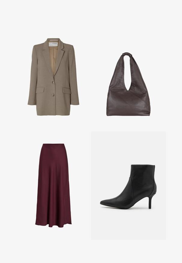 Blazer marrone con revers a punta, design monopetto, due tasche anteriori e bottoni argentati. Tessuto liscio con vestibilità tailored.; T-shirt bianca a maniche corte in cotone, con scollatura rotonda e vestibilità relaxed. Tessuto morbido e senza motivi o decorazioni visibili.; Gonna maxi in satin bordeaux con una texture liscia, vita alta e una silhouette fluida che si allarga delicatamente verso l'orlo.; Anna Field Tronchetti - black; Borsa in pelle marrone con un design morbido e oversize. Presenta un manico ad anello e un'apertura a V profonda per un accesso facile. Texture morbida, stile minimalista.