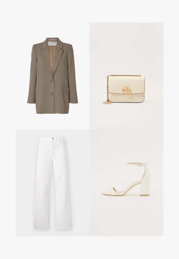 Blazer marron avec un col cranté, design simple boutonnage, deux poches avant et boutons argentés. Texture lisse avec une coupe ajustée.; Chemise blanche à manches longues en tissu côtelé, avec un col rond et une coupe cintrée. Aucun motif ni accent présent.; Jean blanc à jambes larges en denim de coton. Doté d'une fermeture à bouton et à zip, de poches avant classiques et d'un design épuré sans embellissements.; Sandale à talon bloc en cuir blanc avec une bride de cheville à boucle et un design minimaliste. Bout ouvert et textures lisses sur l'ensemble.; Sac en cuir crème porté croisé avec une bandoulière en chaîne dorée, arborant un accent de logo doré sur le devant et des lignes lisses et épurées.