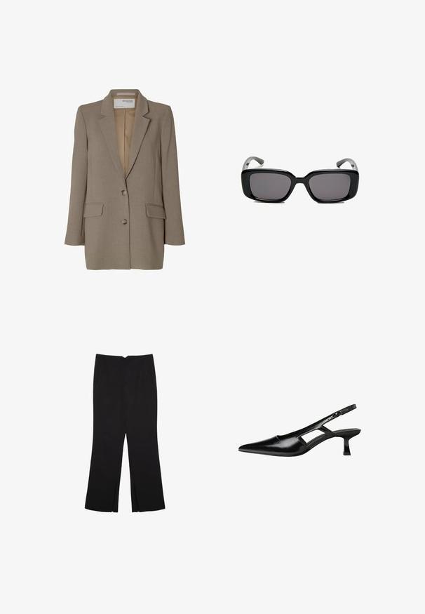 Bruine blazer met een notch lapel, enkelvoudig ontwerp, twee voorzakken en zilveren knopen. Glad textuur met een getailleerde pasvorm.; Witte mouwloze top met een ronde halslijn. Gemaakt van gladde stof, het heeft een losse pasvorm en een minimalistisch ontwerp. Geen patronen of accenten.; Zwarte broek met een rechte pasvorm, voorzien van zijzakken en plooien aan de onderzijde. Gemaakt van zachte, gladde stof. Geschikt voor verschillende gelegenheden.; Zwarte gepatineerde leren slingback hakken met een puntige neus, uitsparing aan de zijkant en een kleine vierkante hak. Gladde textuur met minimale accenten.; Zwarte rechthoekige zonnebril met donkere lenzen, een gladde kunststof montuur en gebogen pootjes. Het ontwerp is robuust met een minimalistische esthetiek.