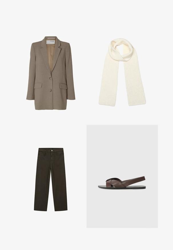 Blazer marrone con revers a punta, design monopetto, due tasche anteriori e bottoni argentati. Tessuto liscio con vestibilità tailored.; Top senza maniche in cashmere marrone scuro con scollatura a girocollo, posato in piano.; Jeans a gamba larga di colore verde scuro, realizzati in tessuto misto cotone, dotati di chiusura con bottone frontale, cinque tasche e cuciture classiche in denim.; Sandalo in pelle marrone con design a cinghia incrociata, suola nera piatta e cinturino posteriore regolabile. Texture liscia e dettagli hardware minimi.; Sciarpa morbida di lana color crema, piegata leggermente in cima con entrambe le estremità che pendono dritto verso il basso.