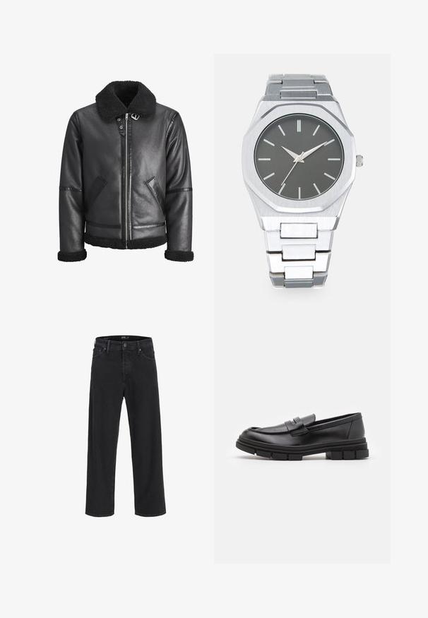 Veste en cuir noir avec un col en fausse fourrure, fermeture éclair, deux poches latérales et accents noirs sur les manches et le bas.; Redefined Rebel TETON REGULAR FIT - Pullover - black grey; Jean en denim noir à jambe droite avec fermeture à bouton et à zip, passants de ceinture, et poches avant et arrière.; Mocassins en cuir noir avec une finition lisse, présentant un détail de sangle à l'avant et une semelle en caoutchouc épaisse avec des accents striés.; Montre analogique argentée avec un boîtier octogonal, un cadran gris, des index de heures argentés et un bracelet en acier inoxydable. Design minimaliste avec texture lisse.