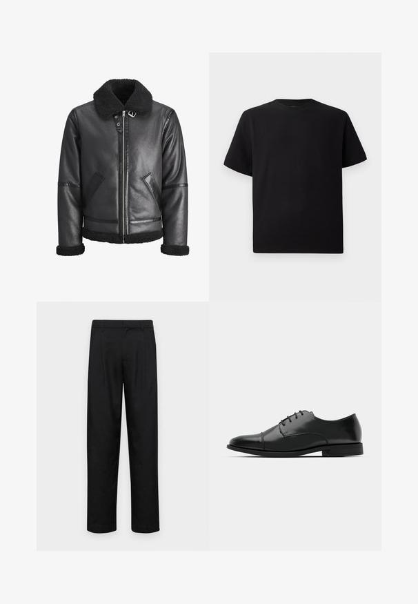 Chaqueta de cuero negra con cuello de cuero sintético, cierre de cremallera, dos bolsillos laterales y detalles negros en las mangas y el dobladillo.; Camiseta negra de manga corta hecha de tejido texturizado, con un cuello redondo y un corte relajado. Sencilla, sin patrones ni acentos.; Pantalones negros de tela suave, con un diseño de pierna recta, dos pliegues frontales y una cintura estándar con trabillas para el cinturón.; Zapato de vestir de cuero negro con punta redondeada, diseño con cordones, detalles de costura sutiles y un tacón bajo. Textura suave con acabado pulido.