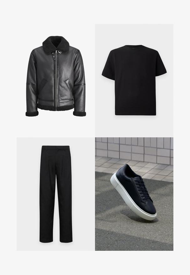 Schwarze Lederjacke mit einem Kragen aus Kunstfell, Reißverschluss, zwei Seitentaschen und schwarzen Akzenten an den Ärmeln und dem Saum.; Schwarzes Kurzarm-T-Shirt aus strukturiertem Stoff, mit einem Rundhalsausschnitt und einer lockeren Passform. Einfach, ohne Muster oder Akzente.; Schwarze Hose aus glattem Stoff, mit geradem Bein Design, zwei vorderen Falten und einem Standardbund mit Gürtelschlaufen.; Schwarze Leder-Sneaker mit runder Zehenpartie und weißer Gummisohle. Verfügt über flache Schnürsenkel und minimale Nähte im Obermaterial. Strukturiertes Sohlenprofil für besseren Halt.