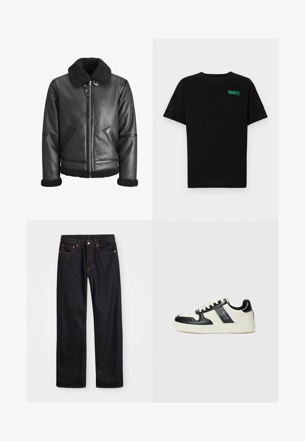 Zwarte leren jas met een faux schapenvacht kraag, ritssluiting, twee zijzakken en zwarte accenten op de mouwen en de zoom.; Zwarte T-shirt van katoen met korte mouwen. Heeft een groen "ROOTS" logo op de voorkant, een ronde halslijn en een standaard pasvorm.; Heren straight-leg zwarte denim jeans met vijf zakken en oranje stiksels, knoop- en ritssluiting op de voorkant van de tailleband.; Leren sneakers met een zwart en crèmekleurig kleurenschema, voorzien van geperforeerde accenten, een gevoerde kraag en een gestructureerde buitenzool.